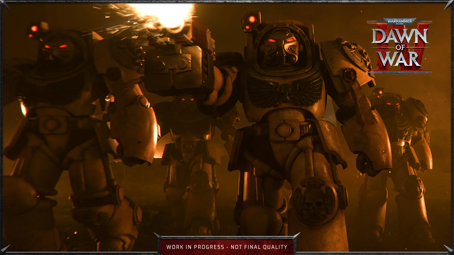 Space Marine Terminators advancing through a burning hall, from the Dawn of War 4 CGI trailer.